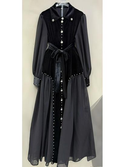 

Elegant Belted Long-Sleeve French Dress with Button and Rhinestone Detailing S чёрный