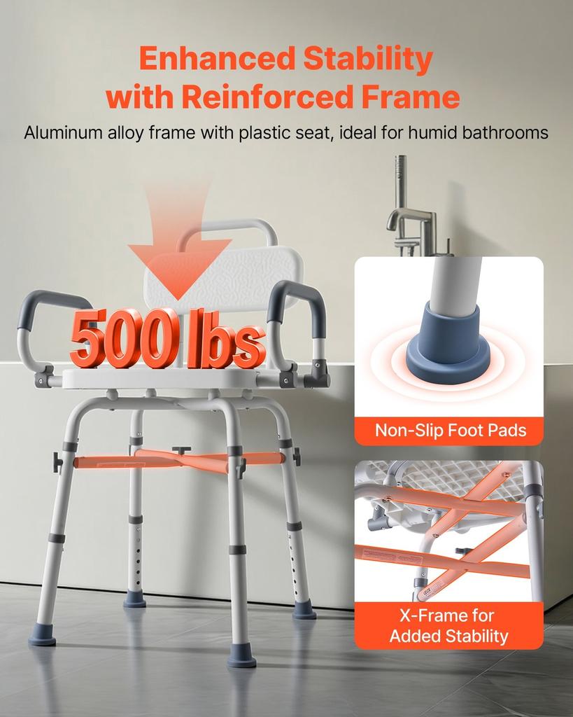 Swivel Shower Chair with Arms and Back, 227 kg Load Heavy Duty Bench Seat for Inside Shower Stall and Bathtub, Height Adjustable Bathroom Bath Tub