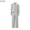 ZANZEA Two Piece Suit Women Cold Shoulder Long Sleeve Irregular Blouse and Pants Sets