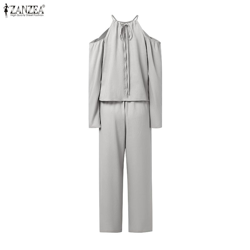 ZANZEA Two Piece Suit Women Cold Shoulder Long Sleeve Irregular Blouse and Pants Sets