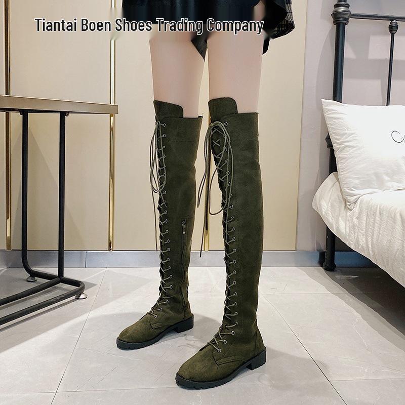 European & American Fashion Lace-Up Over-the-Knee Thigh-High Low Heel Boots for Women - Autumn/Winter Collection