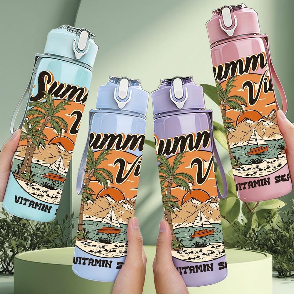 1PC Retro Beach Summer Vibes Poster 750ml Color Plastic Sports Water Bottle Leakproof Flip Straw Lid Suitable for Sports Office Home Use