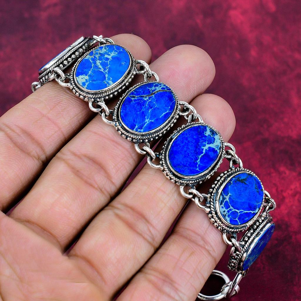 Blue Sea Sediment Bracelet Gemstone Jewelry, 925 Solid Sterling Silver Adjustable Chain Bracelet, Gift For Women Handmade Necklace