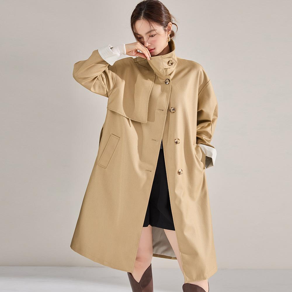 Chunxin commuting temperament loose silhouette drape retro stand-up collar medium and long trench coat women 22352