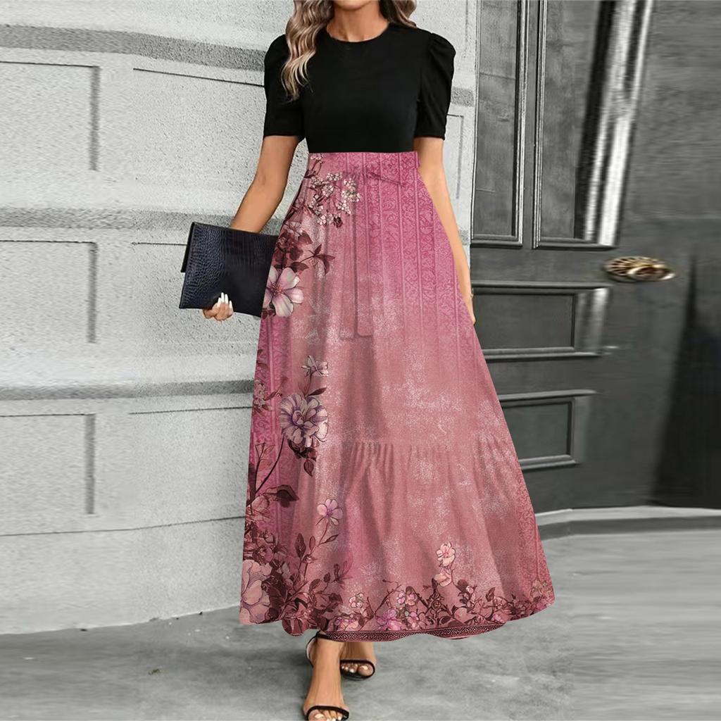 Women's Fashionable Casual Belt Short Sleeved Round Neck Print Elegant Temperament Dress