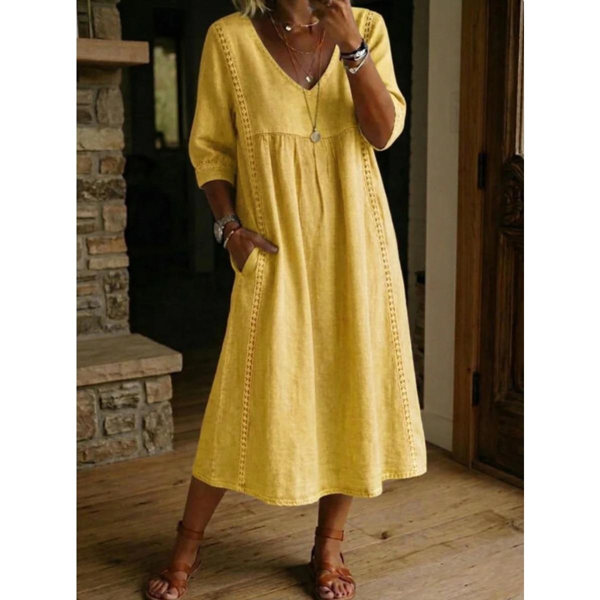 Women s V Neck Half Sleeve Cotton Linen Midi Dress Lace Trim Casual Loose A Line Dress S жёлтый