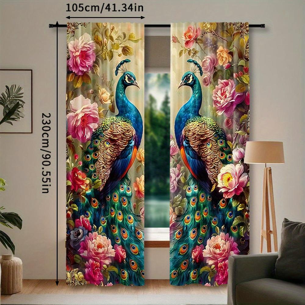 2Pcs Polyester Retro Peacock Floral Printing Window Curtains Birthday Party Decoration Backdrop Drapes for Living Room
