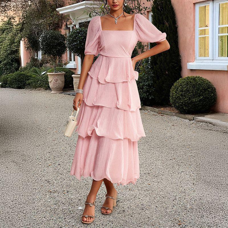

2025 Spring and Summer Cross-Border European and American Elegant Casual Elegant Cake Skirt Puff sleeve Wooden Ear Dress Pink XL