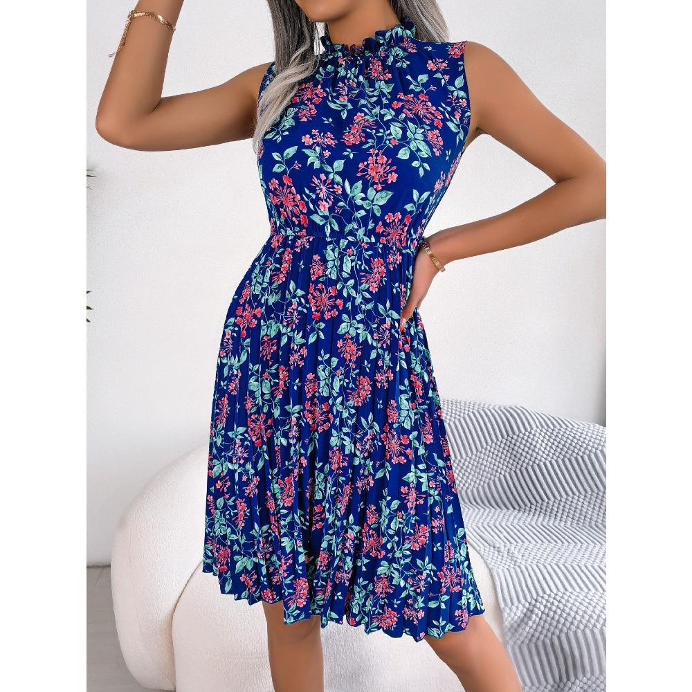 Frühlings- und Sommer-Damen-Temperament Holzohrring Blumen Taillierte Plisseekleider