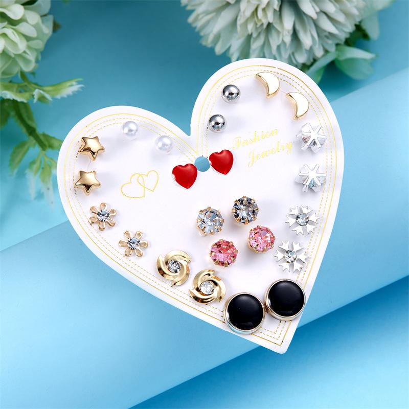 European & American Gold Fashion 12-Pair Rhinestone Stud Earring Set: Hearts, Feathers, Figure 8, Stars