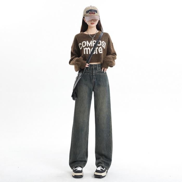 Thickened Jeans Women's Autumn High Waist Wide Leg Pants Women's Autumn and Winter Floor Pants Comfortable Loose Straight Pants