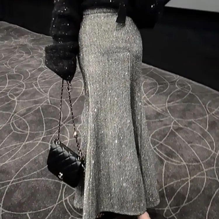 Элегантная серая юбка-рыбка с пайетками – Длинная, облегающая бедра, с высокой талией, с изящными складками для осени и зимы. S серый