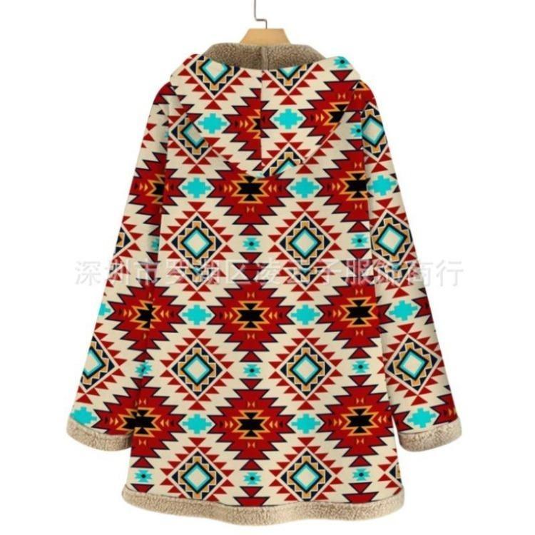 Vintage Damen Fleecejacke Lockerer Schnitt Kapuzenmantel Warm Reißverschlusstasche Mode Oberbekleidung Frühling Winter