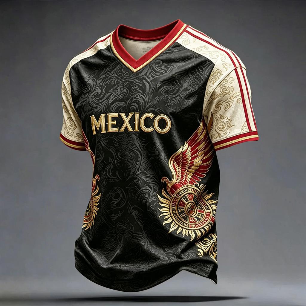 Men's Casual V-Neck Short Sleeve T-Shirt Lightweight Breathable with Mexico Letter Print