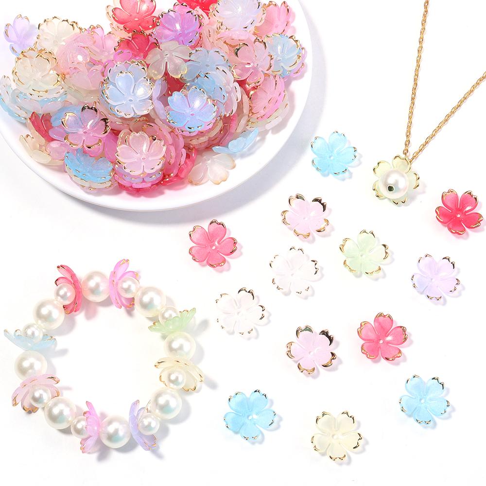 50pcs/lot Colorful Cherry Blossom Acrylic Beads Golden Brushed Patter Petals Charm Connectors For Jewelry Making DIY Acessories