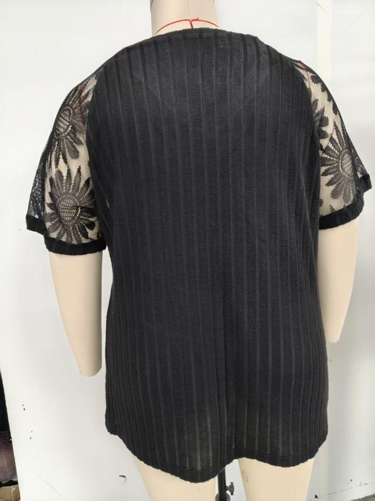 Frühling/Sommer 2026 Damen Übergröße V-Ausschnitt Spitzen-Patchwork Kurzarm-Top