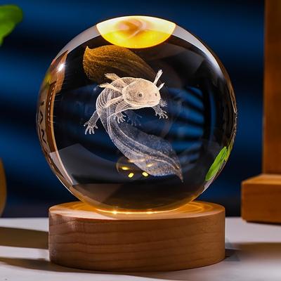 1 adet 3D Axolotl Kristal Top Hediyeleri Ahşap Işık Tabanı, Hayvan Figürü Axolotl Eşyaları Cam Küre Gece Lambası Ev Yatak Odası Dekoru İçin