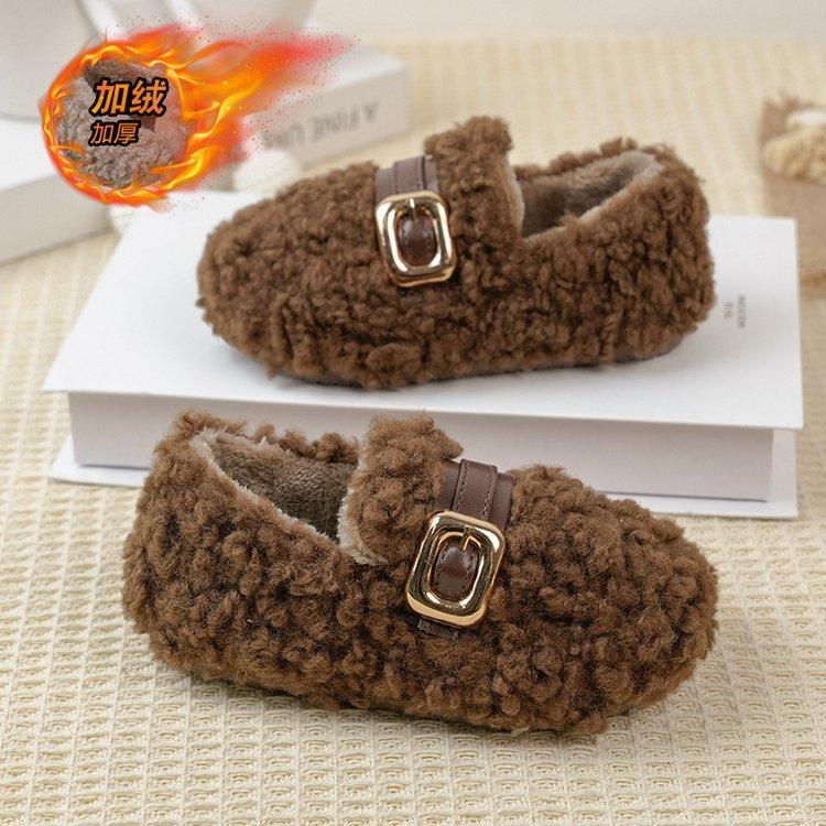 Girls' cotton shoes, new winter children's shoes, princess loafers, soft-soled, double-layer cotton, plush baby shoes