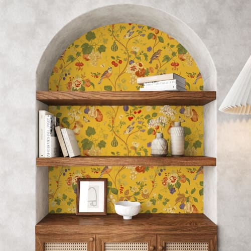 VEELIKE Floral Wallpaper Sticker, 44.5cm X 3m, Japanese-style, Featuring Grapevine and Bird and Flower Patterns In Yellow. Perfect for Redecorating, C