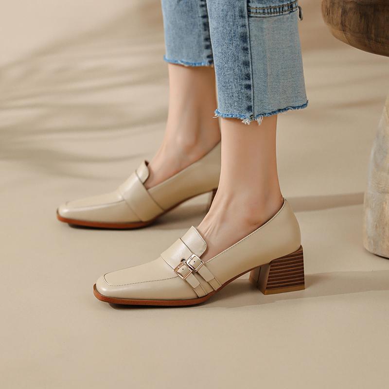 Fashion 2025 New Genuine Leather Women Shoes Fashion Square Toe Slip-On Shallow Pumps  Thick Heel Spring Shoes Women Zapatos De Mujer