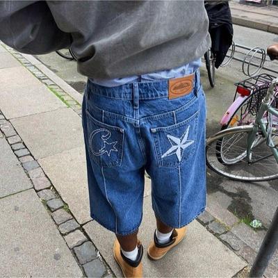 ZYLLO Retro Denimowe Szorty Haftowane Hip-hopowe Szwy Prane Trend Uliczny High Street Casualowe Szorty Sportowe