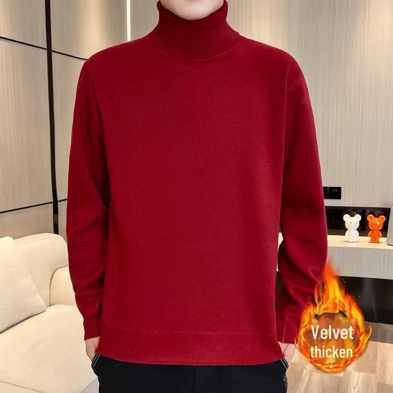 Men's Solid Color Knitted Turtleneck Sweater - Warm Velvet, Autumn/Winter Style, Mid-neck Design