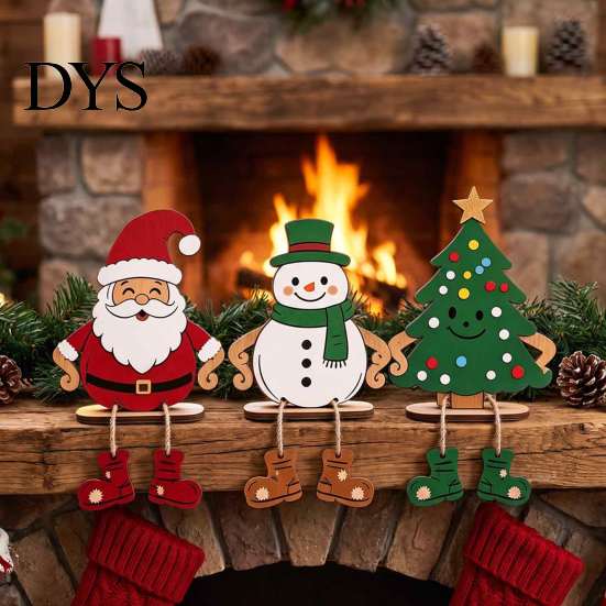 Small Wooden Holiday Gifts Christmas Hanging Leg Ornament, Santa/Snowman/Christmas Tree Shape, Shelf Sitter Decorative Craft for Fireplace Tabletop