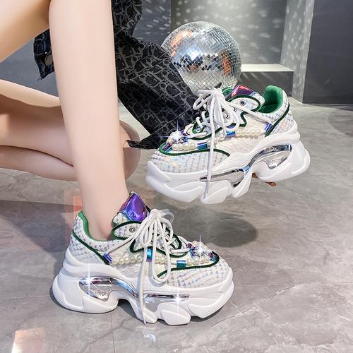 Fashion 8CM Snake Print Chunky Sneakers Women 2024 Thick Bottom Platform Ladies Sports Shoes New Autumn Pearl Rhinestone Dad Shoes Woman