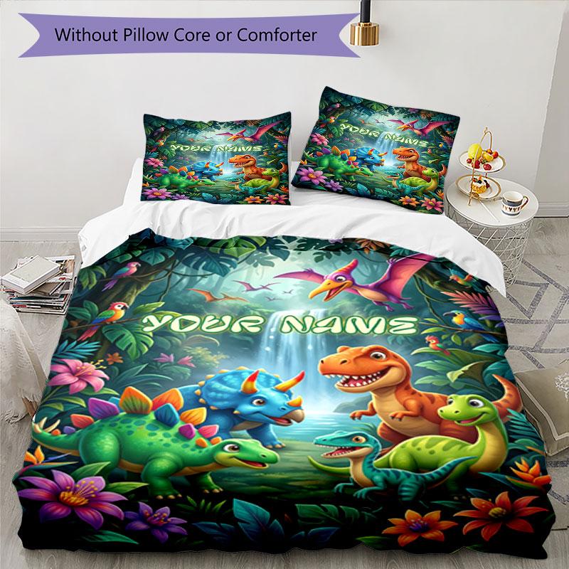 3PC Custom Name Dinosaur Adventure Jungle Bedding Set Duvet Cover Closure Includes 1 Duvet Cover & 2 Pillowcases for Bedroom