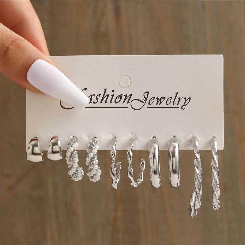 Silver Color Butterfly Earrings Set For Women Girls Vintage Pearl Circle Geometric Twist Hoop Earrings Trendy Jewelry Gifts