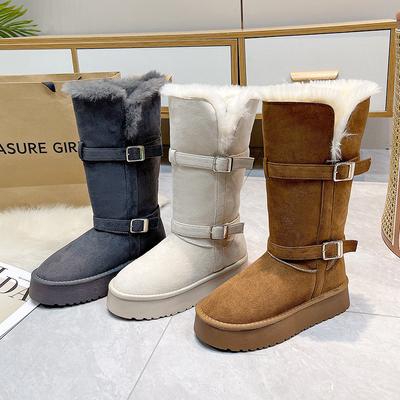 Women's Large Size Belt Buckle Thick Sole Winter Warm Fur One Snow Boots Padded Lined Ankle Boots Non-Slip Hiking Sports Cotton Boots