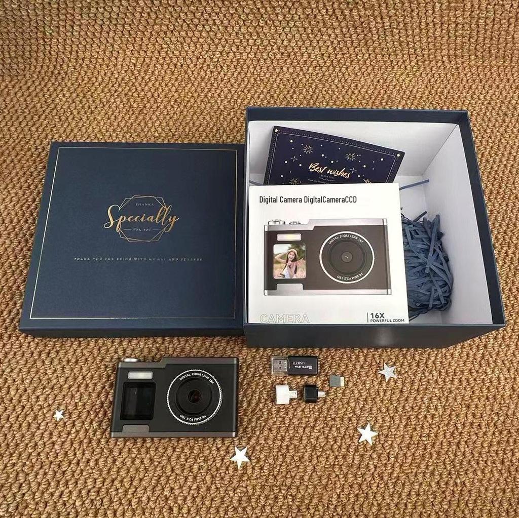 Retro HD Digital Camera with Dual Screens, 64MP CCD Sensor, 16x Optical Zoom, and Beauty Mode.