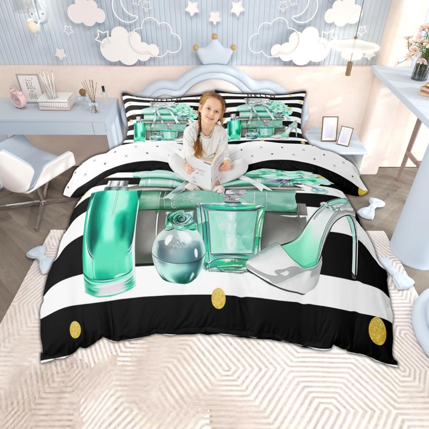 

Homewish Girls Cosmetics Duvet Cover Set 2pcs/3pcs, Chic Perfume High Heels Lipsticks Bedding Set, Princess Style Room Decor DE XS 100x135cm 2pcs&set