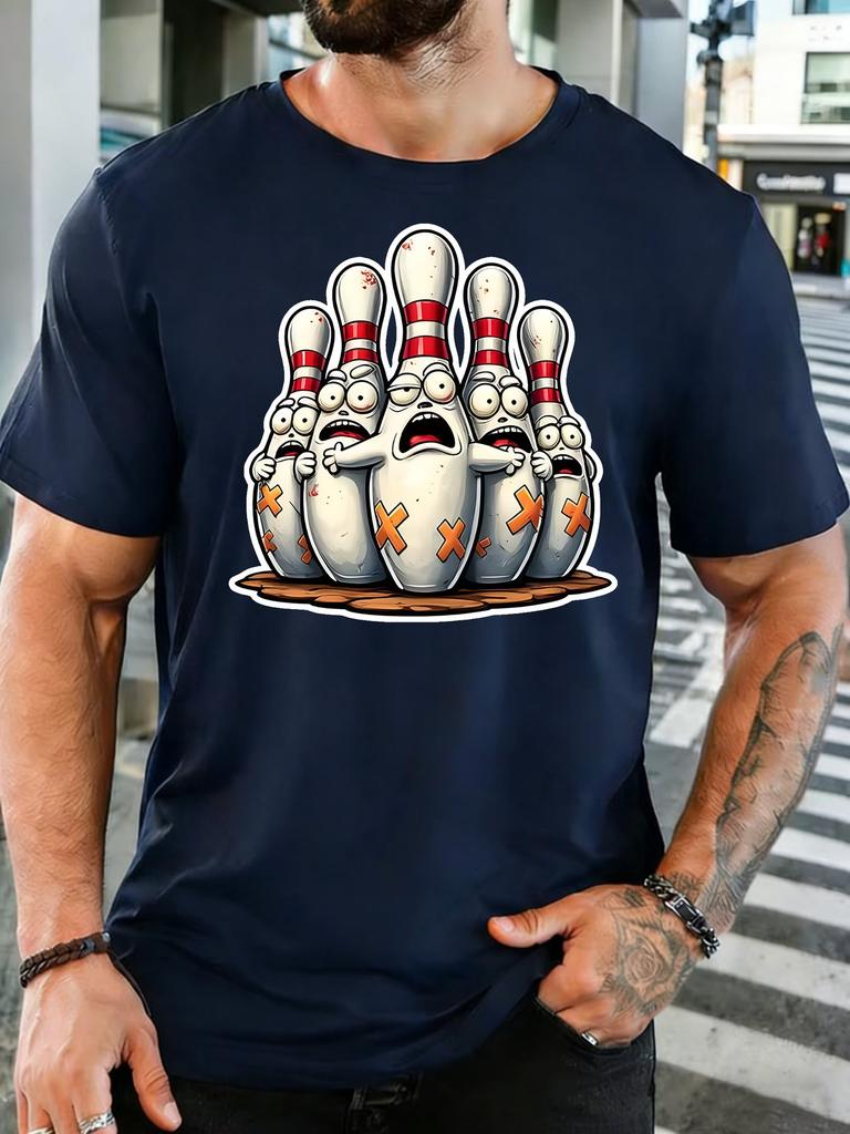 Unisex Funny Scared Cartoon Bowling Pins Graphic Cotton Short Sleeve Tee Crew Neck Soft Male Summer Casual Breathable Street Top