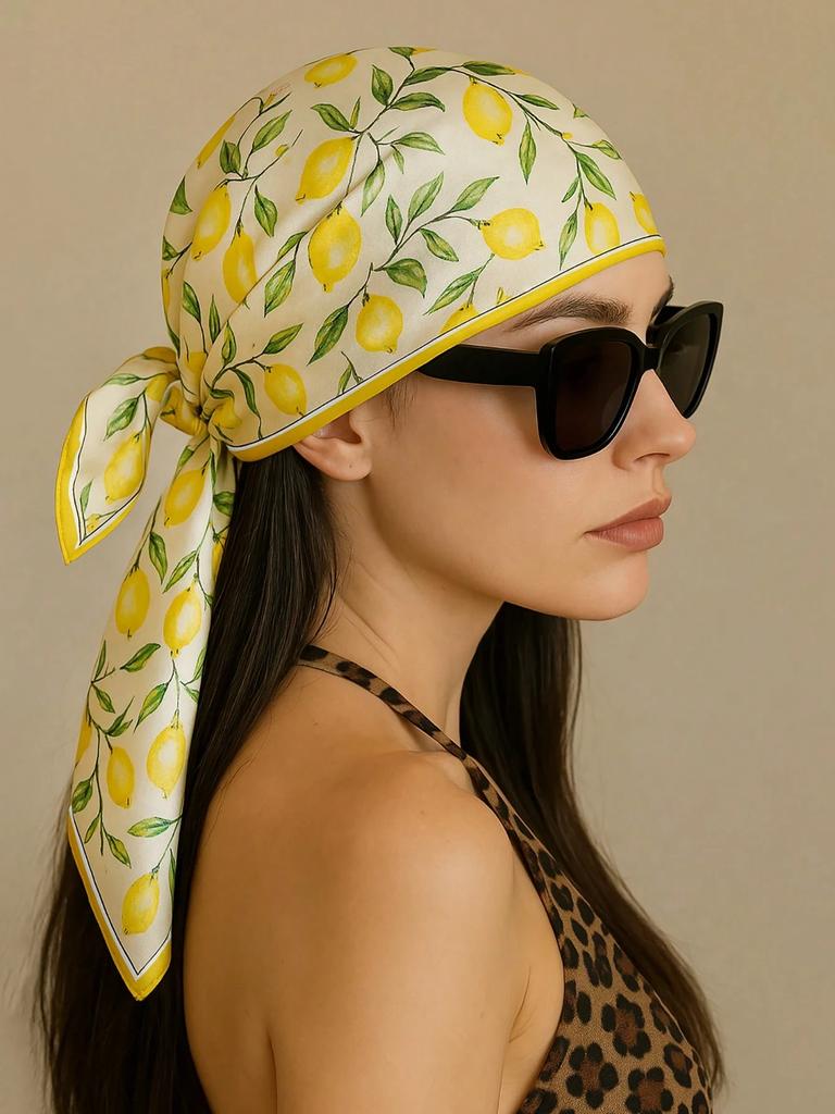 Summer Beach Yellow Lemon Print Silk Hijab Scarf Women Neck Ties Sunscreen Decorate Neckerchief 70*70Cm Square Scarves