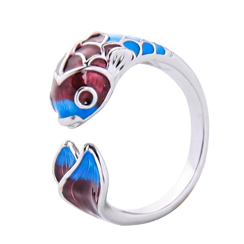 Koi Ring: White Gold Electroplated, Adjustable Classical Chinese Style, Blue Fish Leaping over Dragon Gate for Good Luck.