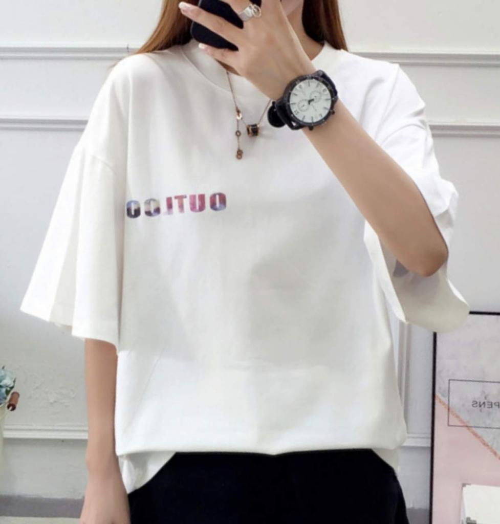 loose short back for long long cut and quick white [Bubu Ohana] T-shirt, fitting, casual, sleeves, print, women, spring, summer, autumn, winter,