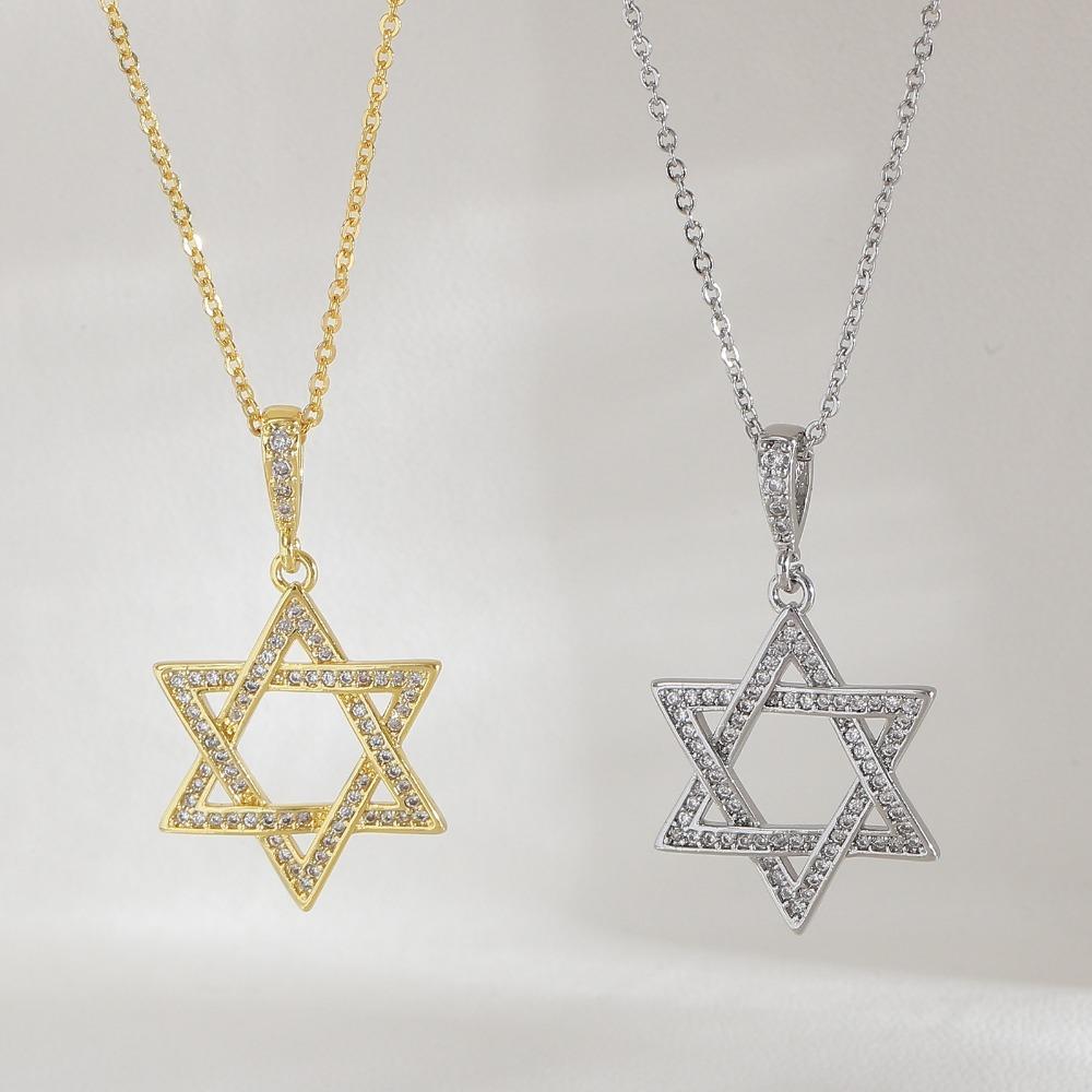 Hip-hop Simple Hollowed-out Full of Zircon Hexagram Pendant Necklace for Women Men Couple Trend Personality Collar Chain Jewelry