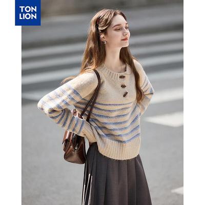 TonLion Women's Striped Patchwork Half-Placket Sweater