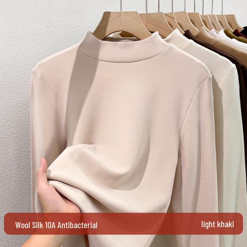 Women's Lyocell Tencel Round Neck Base Layer, Thickened Velvet Wool-Silk Long Sleeve Top for Autumn/Winter