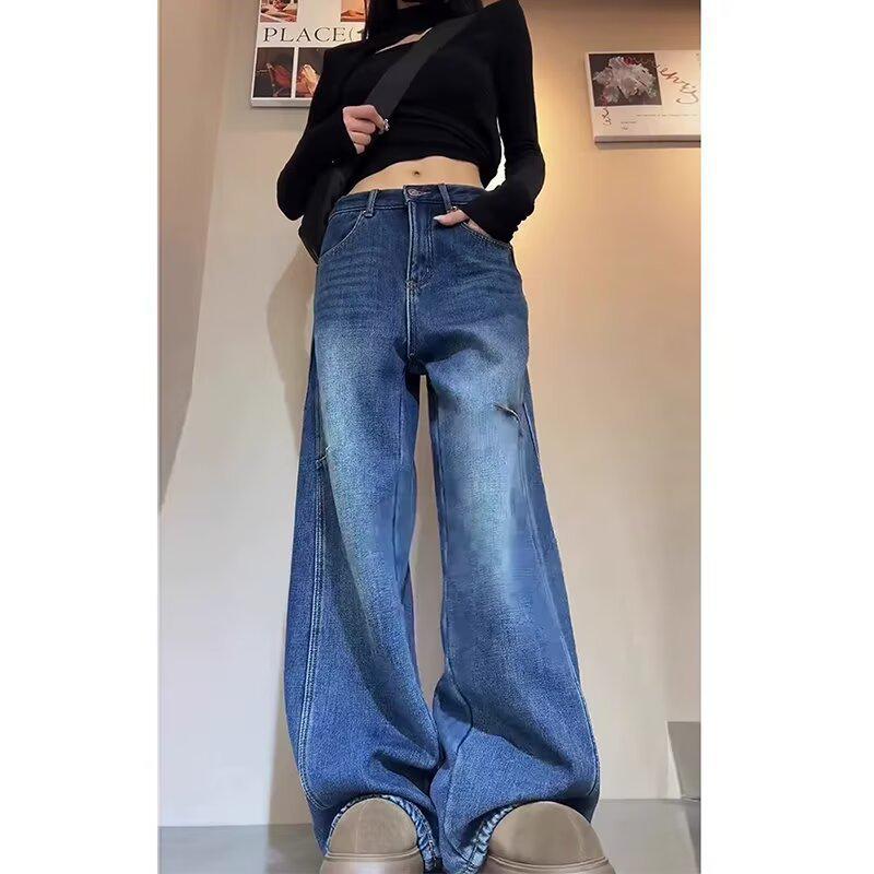 

Женские джинсы американского ретро широкие черные серые, коллекция весна 2025 – Новый свободный крой, универсальные прямые брюки-шаровары 2XL синий