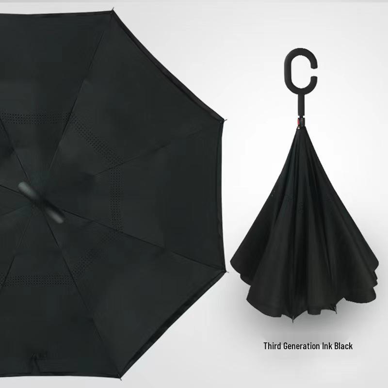 Hands-Free C-Handle Double-Layer Automatic Reverse Umbrella for Sun and Rain - Custom Pattern, Long Handle чёрный