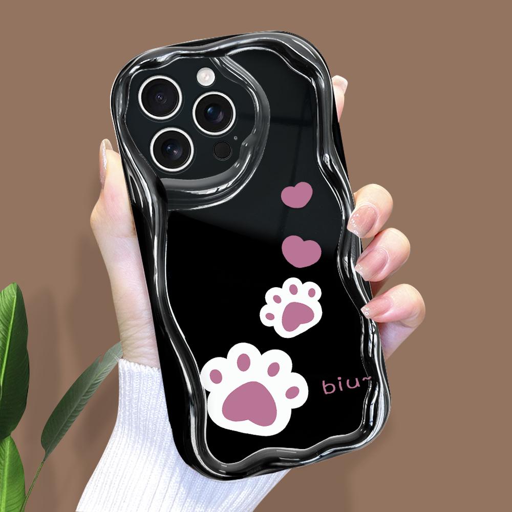 For iPhone 16 15 14 Samsung S25 S24 S23 A06 A13 A14 A15 A16 A55 Redmi 14C 13C Note 14 13 12 Dog Paw Print Soft Wavy Edge Full Lens Protect Case