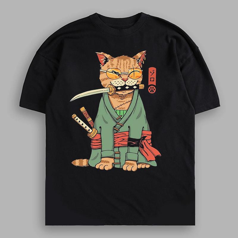 Ninja Cat Oversized Fit Cotton Black T-shirt for Men and Women