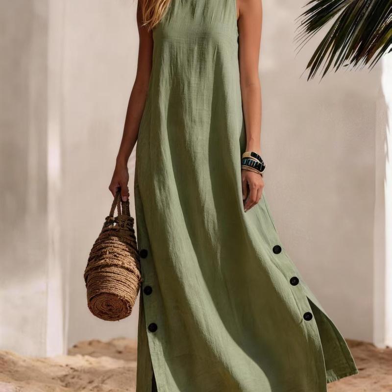 Women's Cotton Linen Maxi Dress Sleeveless Side Slit Loose Fit Casual Vacation Dress
