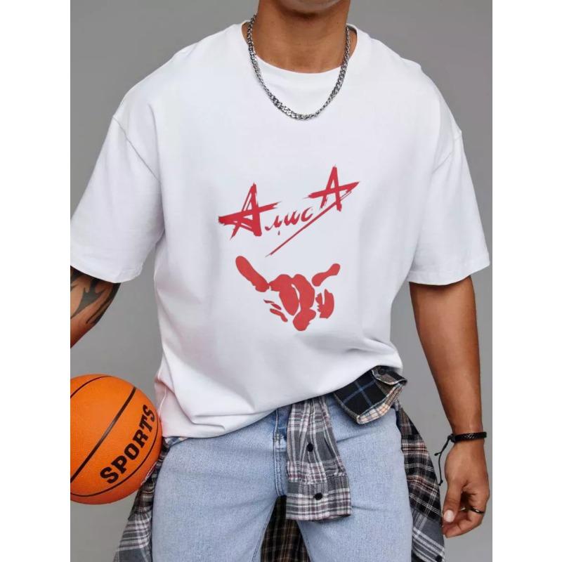 T-Shirt Bianca con Stella Rossa e Stampa Mano per Abbigliamento Casual
