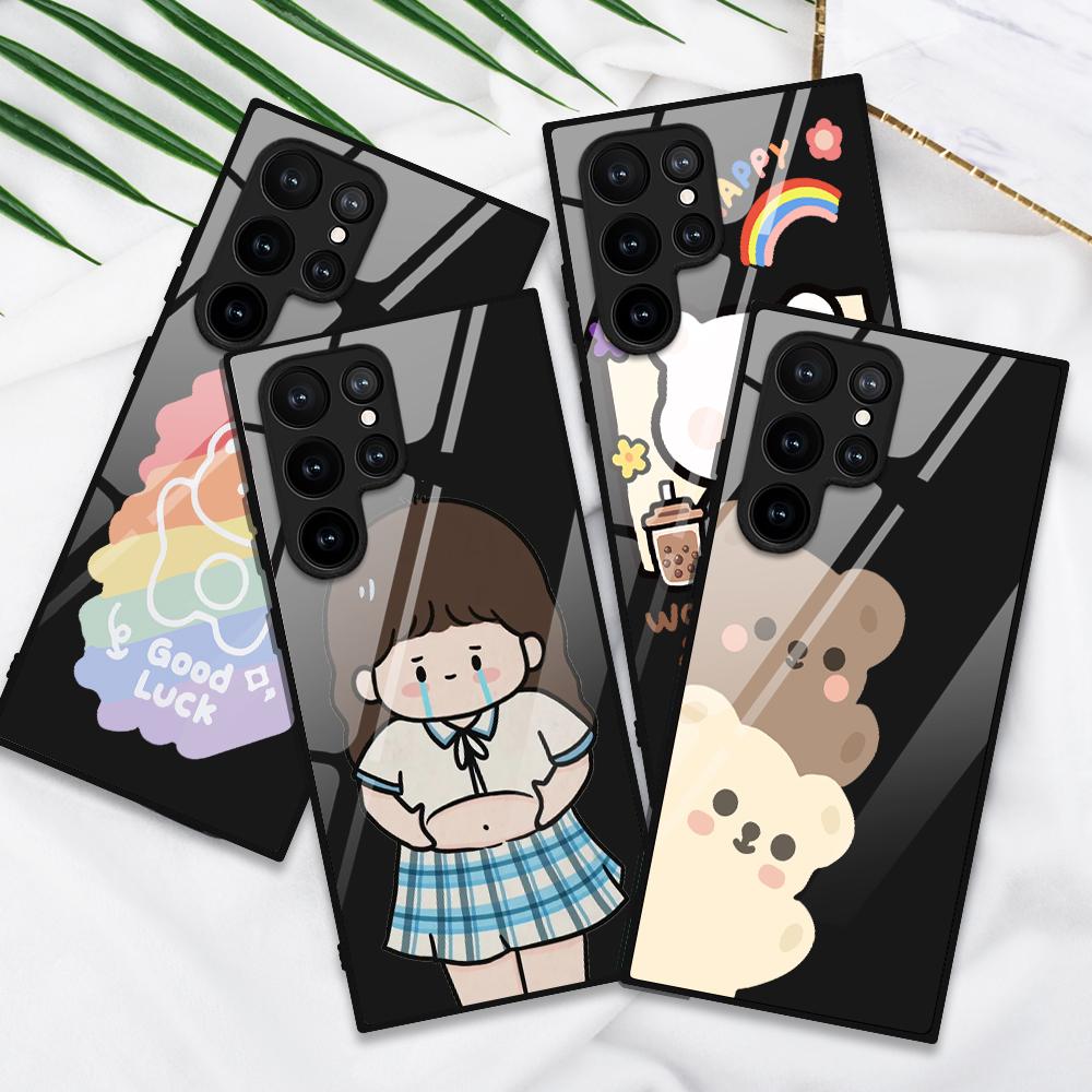 Süße Mädchen Handyhülle für Samsung Galaxy S22 Plus Ultra Cartoon Glashüllen für Galaxy S20 Fe S21ultra S23plus S21fe Schwarze Abdeckung