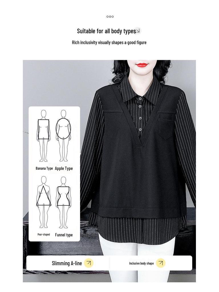 Spring Casual Plus-Size Two-Piece Shirt - Light Mature Style with Turn-Down Collar for Women