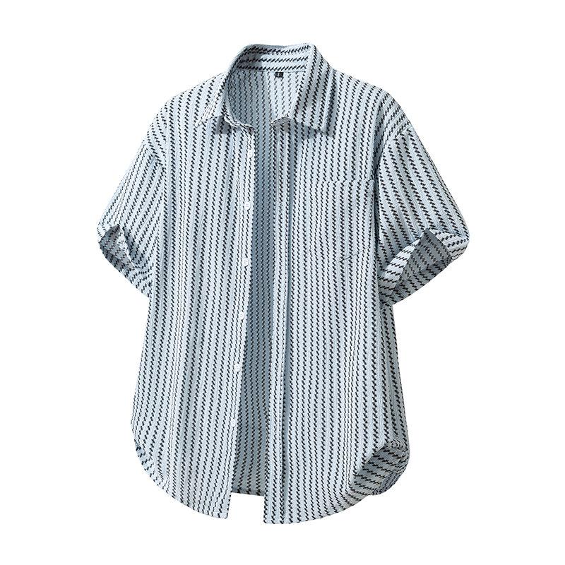 Men's Summer Casual Knitted Shirt Short Sleeve Striped Hawaiian Beach Top Fashionable Blouse