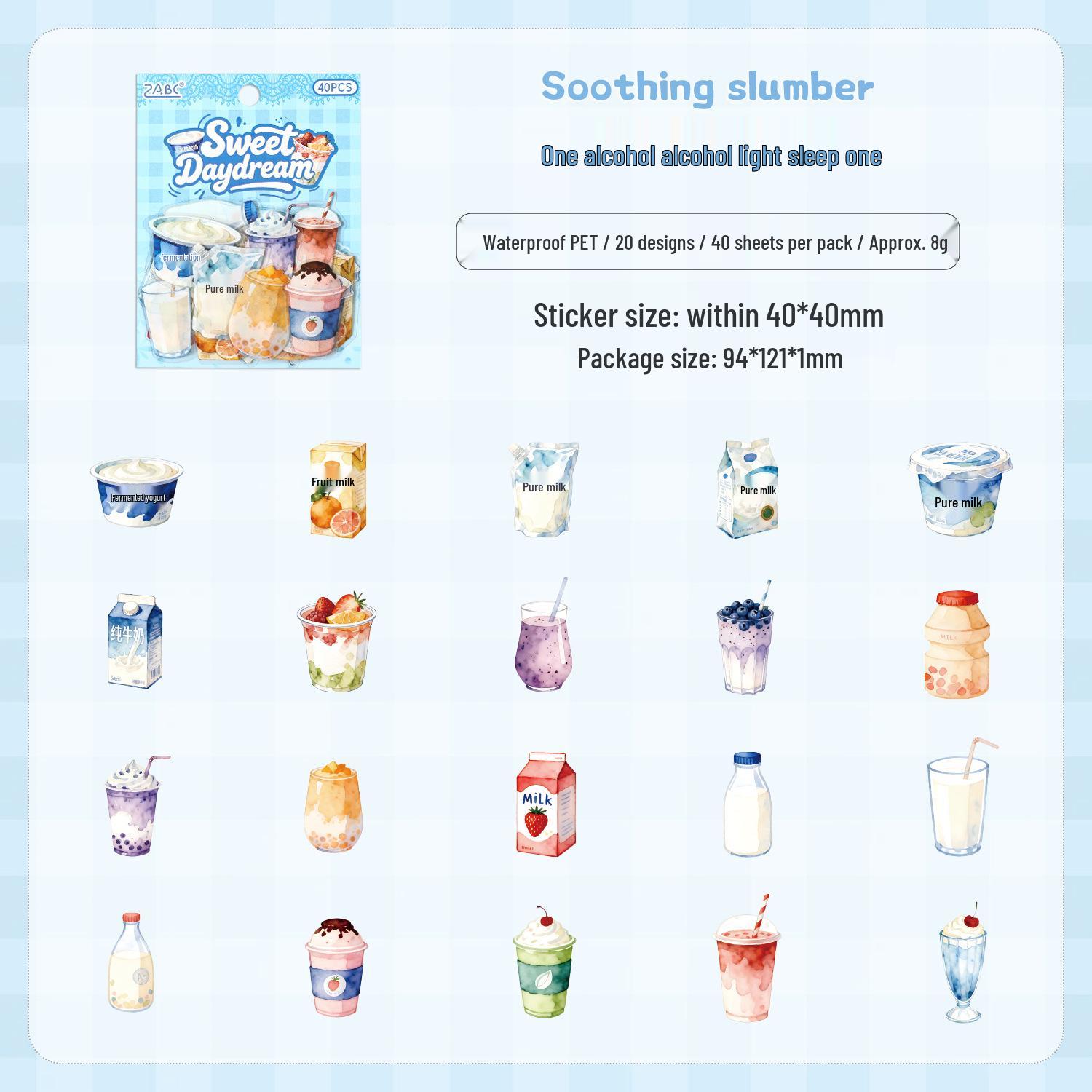 ZABC PET Sticker Pack: Drink Story Light Series - 40 Die-cut Journal Stickers